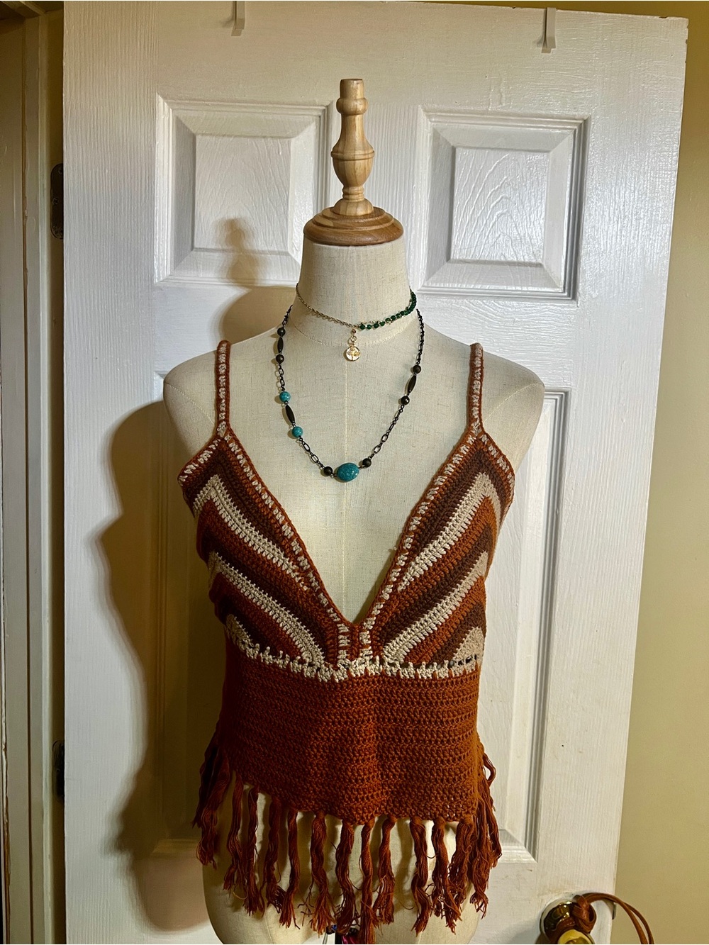 New American Eagle Wms‎ Cotton Crochet Fringe Boho Hippie Festival Crop Tank XL